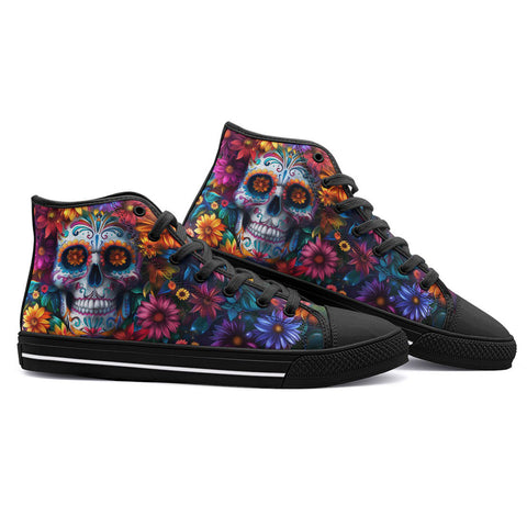 High-Top Canvas Shoes Skull Surrounded by Colorful Flowers