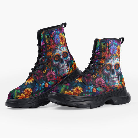 Casual Leather Chunky Boots Skull Surrounded by Colorful Flowers