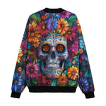 Bomber Jacket Skull Surrounded by Colorful Flowers