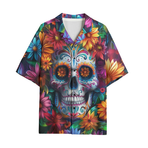 Hawaiian Shirt Skull Surrounded by Colorful Flowers