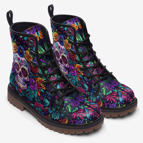 Leather Boots Colorful Skull and Roses