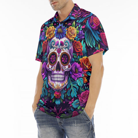 Men's Polo Shirt Colorful Skull and Roses