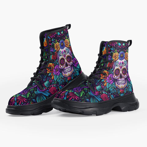 Casual Leather Chunky Boots Colorful Skull and Roses