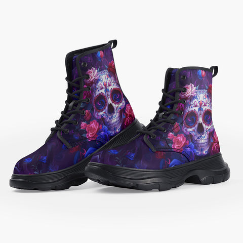 Casual Leather Chunky Boots Skull with Roses