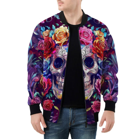 Bomber Jacket Intricate Skull Surrounded Vibrant Roses