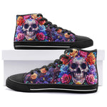 High-Top Canvas Shoes Intricate Skull Surrounded Vibrant Roses