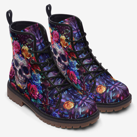 Leather Boots Intricate Skull Surrounded Vibrant Roses