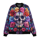Bomber Jacket Intricate Skull Surrounded Vibrant Roses