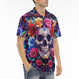 Men's Polo Shirt Intricate Skull Surrounded Vibrant Roses