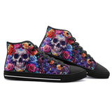 High-Top Canvas Shoes Intricate Skull Surrounded Vibrant Roses