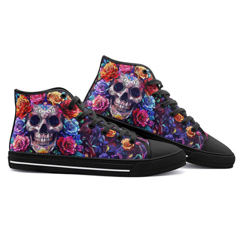High-Top Canvas Shoes Intricate Skull Surrounded Vibrant Roses