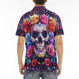 Men's Polo Shirt Intricate Skull Surrounded Vibrant Roses