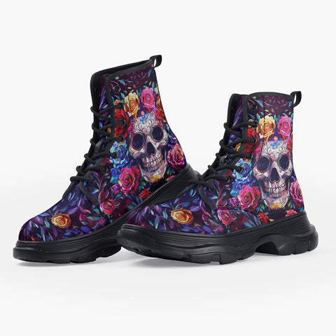 Casual Leather Chunky Boots Intricate Skull Surrounded Vibrant Roses