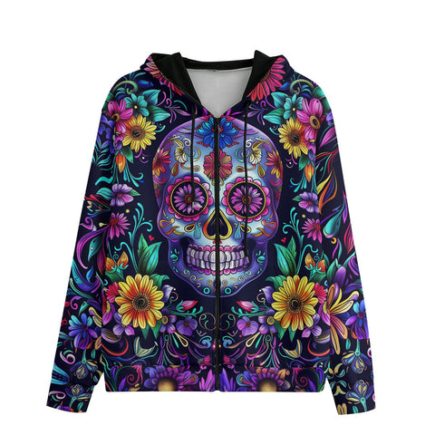 Men's Zip Up Hoodie Mystical Skull with Vibrant Floral Elements
