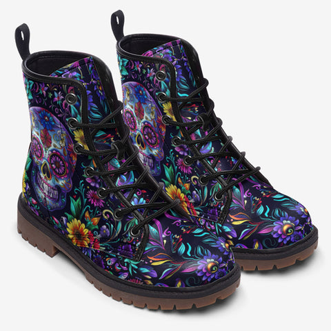 Leather Boots Mystical Skull with Vibrant Floral Elements
