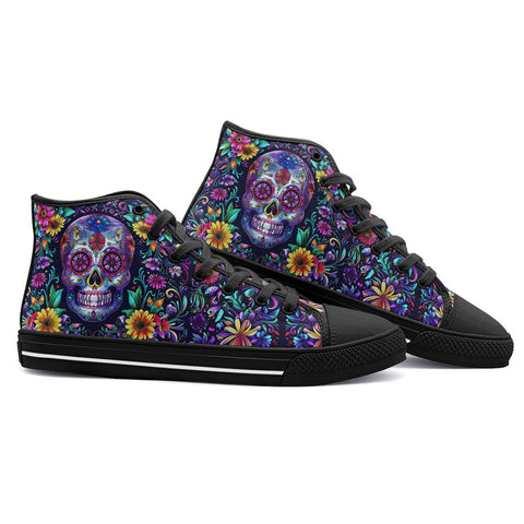 High-Top Canvas Shoes Mystical Skull with Vibrant Floral Elements