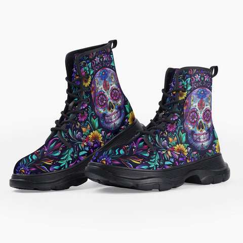 Casual Leather Chunky Boots Mystical Skull with Vibrant Floral Elements