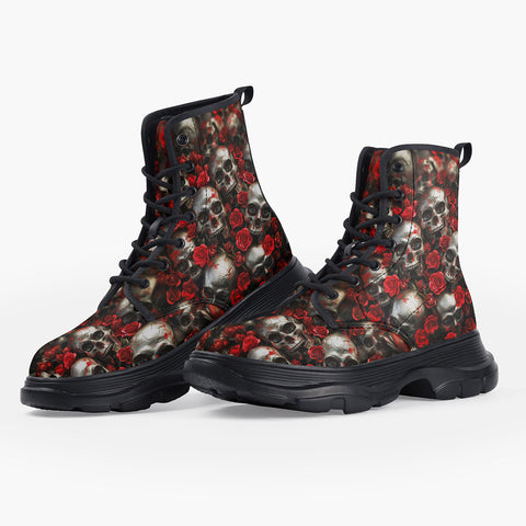 Casual Leather Chunky Boots Skulls and Roses