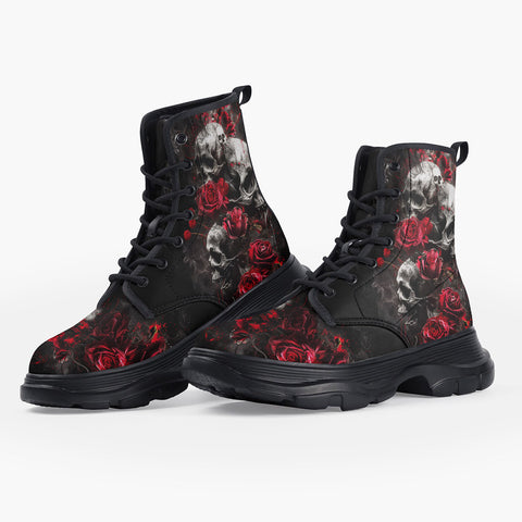 Casual Leather Chunky Boots Skulls and Roses in Smoke