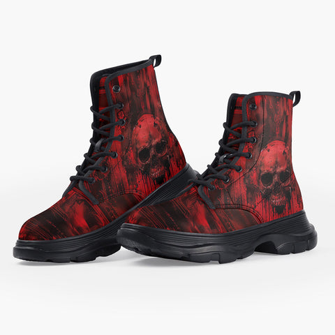 Casual Leather Chunky Boots Gothic Red Skull Artwork