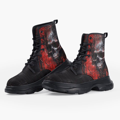 Casual Leather Chunky Boots Oil Painting Skull Red Liquid