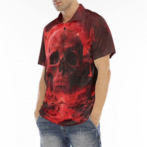 Men's Polo Shirt Dark Fantasy Red Skull Landscape