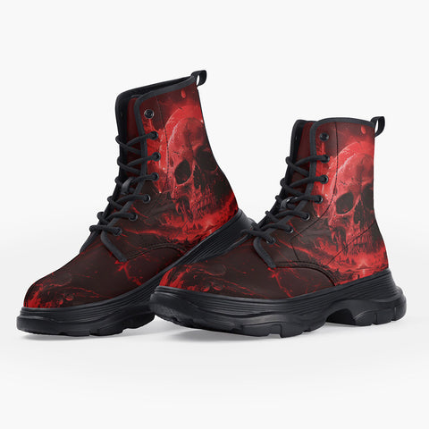 Casual Leather Chunky Boots Dark Fantasy Red Skull Landscape