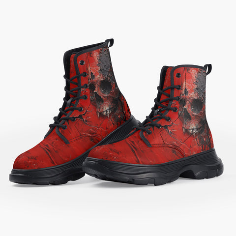 Casual Leather Chunky Boots Red Skull Cracked Texture Paint