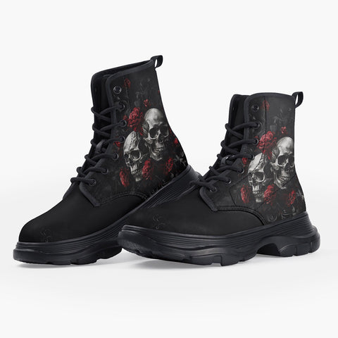 Casual Leather Chunky Boots Gothic Skulls and Roses