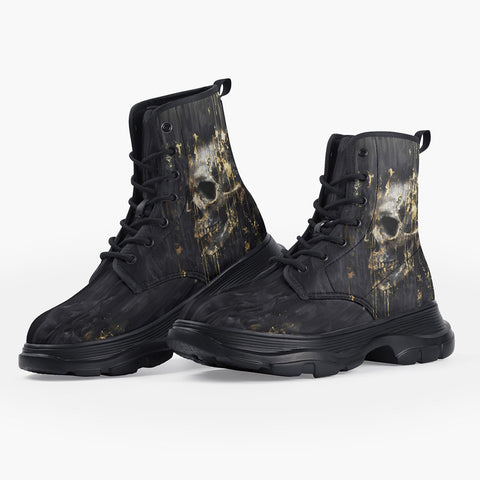 Casual Leather Chunky Boots Skull with Gold Dripping