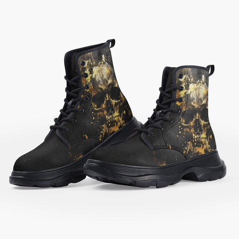 Casual Leather Chunky Boots Skull with Golden Splashes