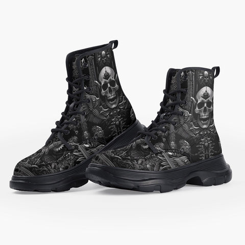 Casual Leather Chunky Boots Ornate Gothic Metalwork Skull