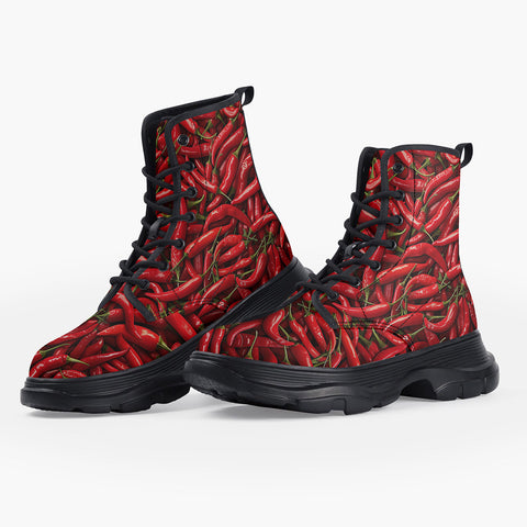 Casual Leather Chunky Boots Red Chili Peppers Texture