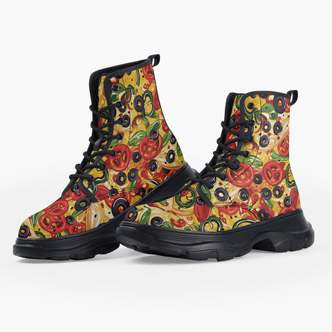 Casual Leather Chunky Boots Pizza Pattern