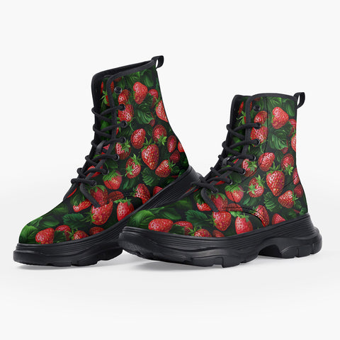 Casual Leather Chunky Boots Strawberries with Leaves