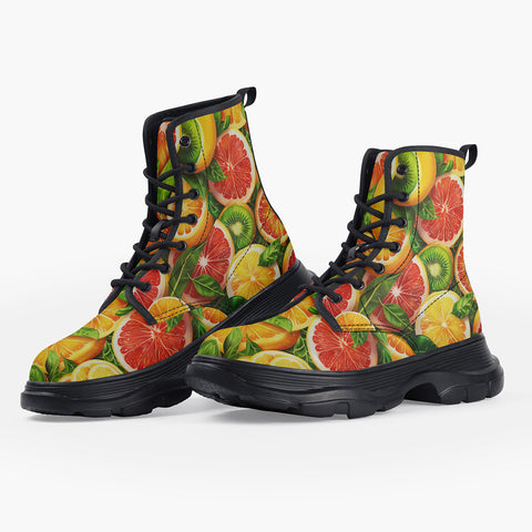 Casual Leather Chunky Boots Slices of Citrus Fruits Pattern