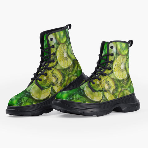 Casual Leather Chunky Boots Green Lime and Kiwi Slices