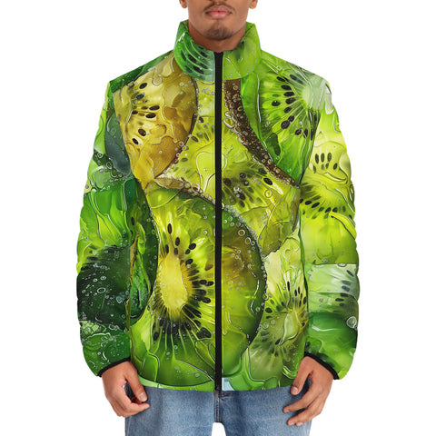 Down-Padded Puffer Jacket Kiwi Slices Watercolor Art