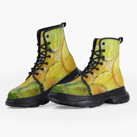 Casual Leather Chunky Boots Lemon and Lime Slices in Water