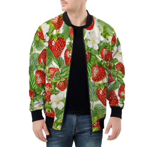 Bomber Jacket Red Strawberries Green Leaves