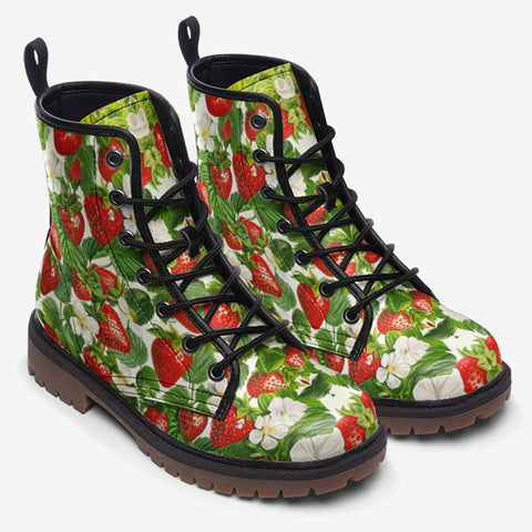 Leather Boots Red Strawberries Green Leaves