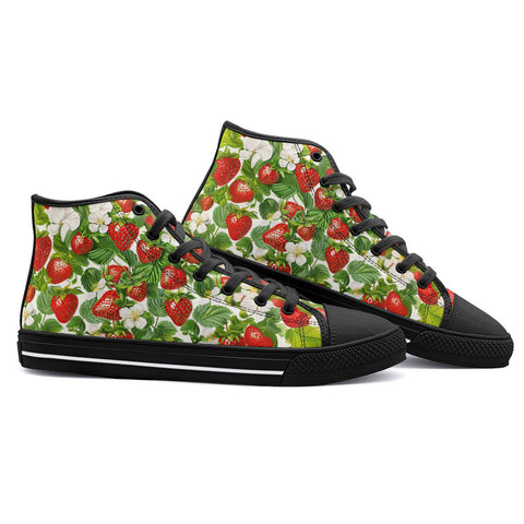 High-Top Canvas Shoes Red Strawberries Green Leaves