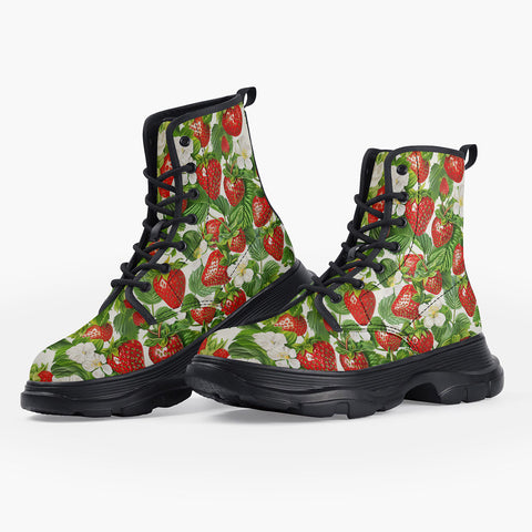 Casual Leather Chunky Boots Red Strawberries Green Leaves