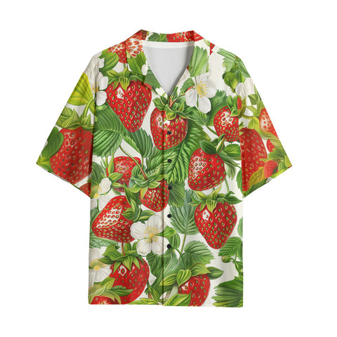 Hawaiian Shirt Red Strawberries Green Leaves