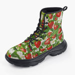 Casual Leather Chunky Boots Red Strawberries Green Leaves