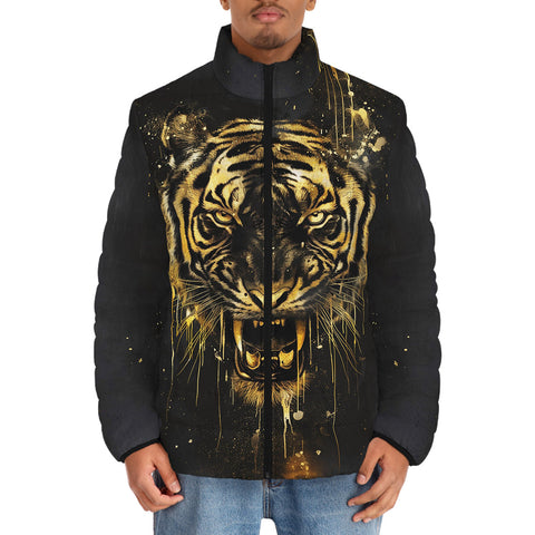 Down-Padded Puffer Jacket Tiger Head Gold Dripping Paint