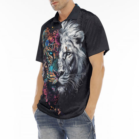 Men's Polo Shirt Double Exposure Leopard and Lion