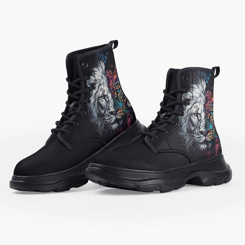 Casual Leather Chunky Boots Double Exposure Leopard and Lion