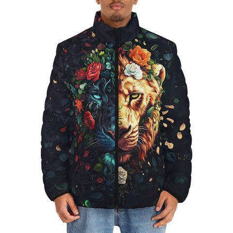 Down-Padded Puffer Jacket Half Lion and Tiger Face Art