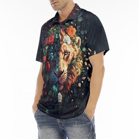 Men's Polo Shirt Half Lion and Tiger Face Art